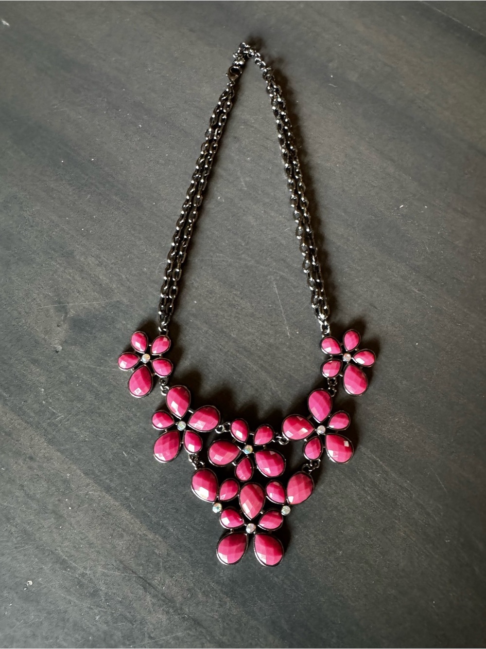 Statement Necklace Pink Flowers Rhinestone accents Dark Silver or Black chain